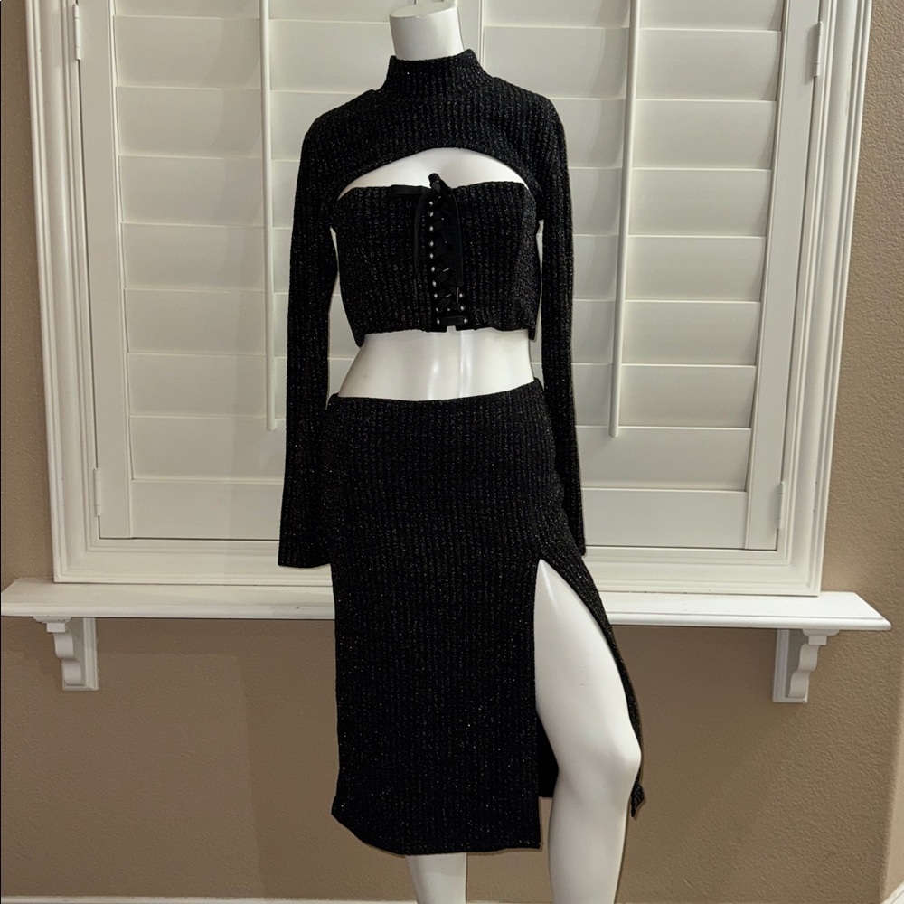 NBD Kendra Top and Skirt Set Metallic Black